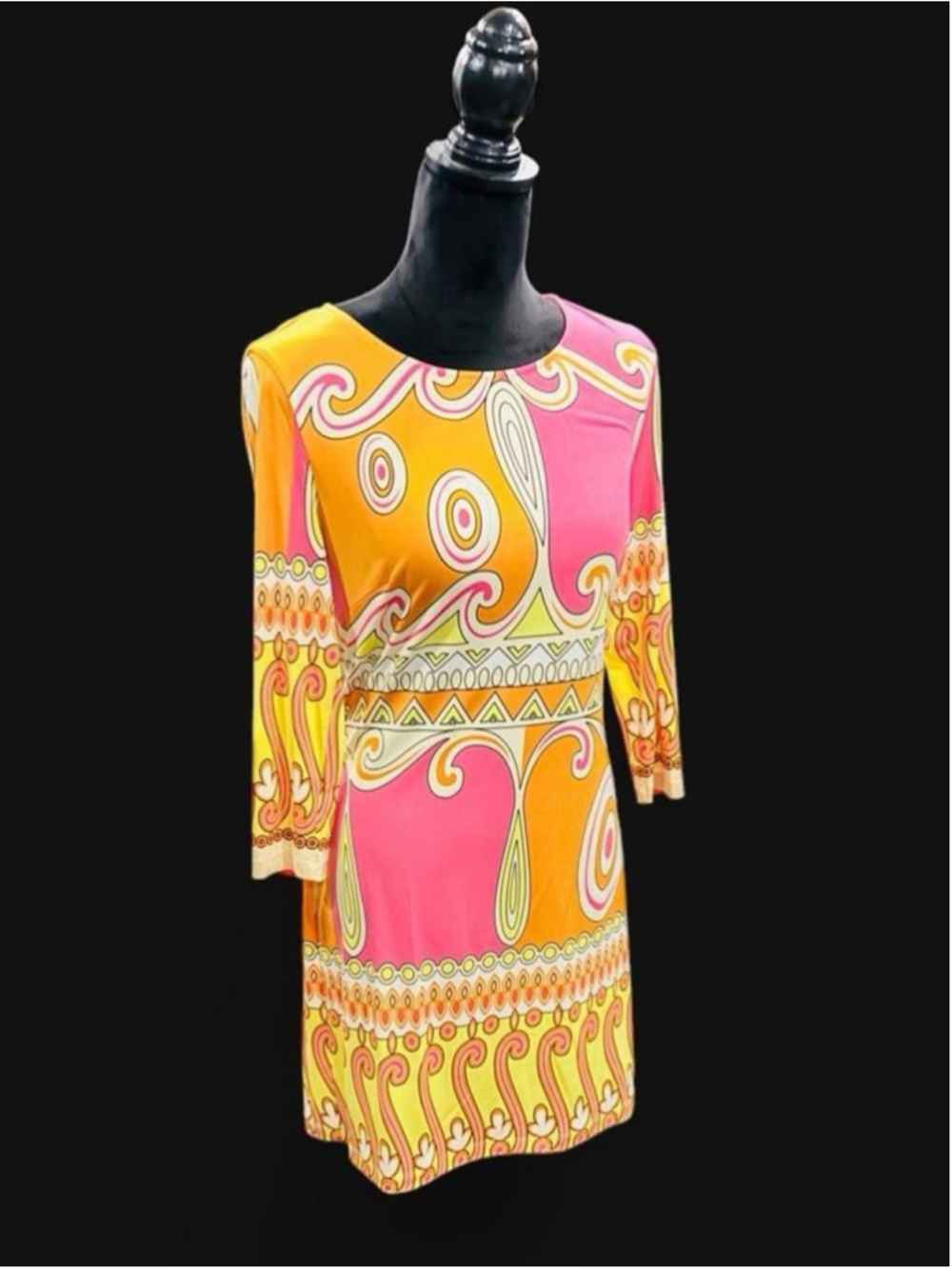 Ali Ro Pink Orange Paisley Geometric 3/4 Sleeve Dress 70s Retro Dopamine Luxury